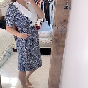 Vintage navy blue & white floral ditsy dress size 9-10